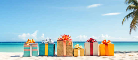 Colorful gift boxes on a tropical beach