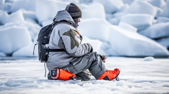 An ice angler bundled up in warm clothing, focusing intently on their fishing line as it descends into the icy waters below, showcasing the dedication of winter fishing enthusiasts