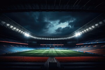 A brightly lit soccer stadium at night, waiting for the game to begin