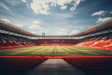 A deserted soccer stadium with vibrant red seats