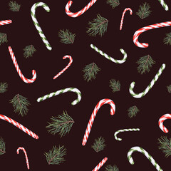 Seamless watercolor pattern with tasty fruit candy cane, pine branches. Bonbons, candies, sugar caramels, Christmas tree, conifer twig. Delicious ornament. Watercolor illustration isolated on black.