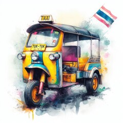Watercolor painting "Tuk Tuk" tricycle from Thailand. car on the street.Generative AI. 
