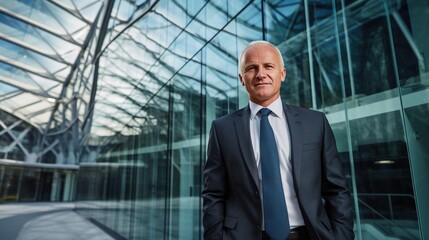Portrait of a senior businessman in front of a modern glass building