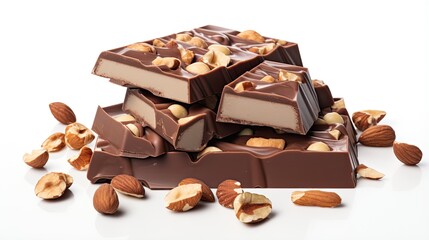 Close-up of milk chocolate slices with nuts. Handmade sweets. Illustration for banner, poster, cover, brochure, advertising, marketing or presentation.