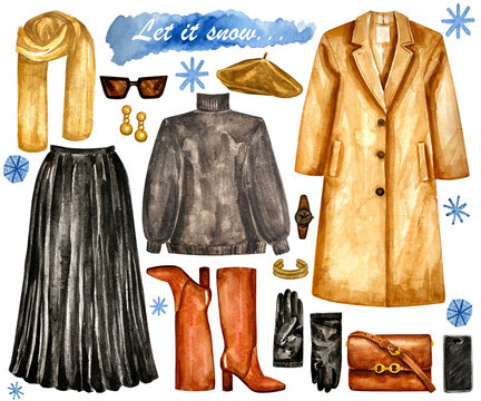 Watercolor hand drawn winter clothes. Fashion illustration clothing set. Stylish and trendy outfit. Winter acscessories clip art set.