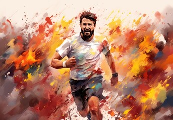 Running man. Marathon runner. People activity. Design for sport. Original acrylic painting background made with paint strokes. Interior painting. Illustration for cover, card, poster or banner.