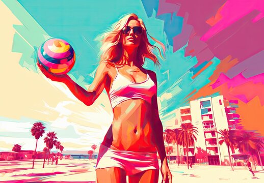 Young woman in swimsuit holding a ball. A player in beach volleyball. The concept of active beach vacation. Sporty female figure in drawn style. Illustration for a banner, poster, cover, etc.