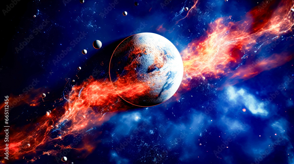 Poster artist's rendering of planet in space with fireball in the foreground.