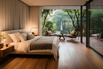 Contemporary bedroom with garden view and wooden floors. Room features open doors, overlooking a terrace and spacious garden. Generative AI