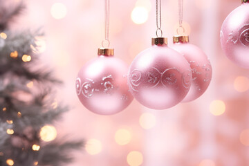 Fototapeta na wymiar Christmas decorations of pink balls, hanging on the upper edge of the postcard, on a pink background.