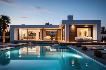 Minimalist cubic house exterior with swimming pool, modern country house, seaside holiday in modern villa, sunset view