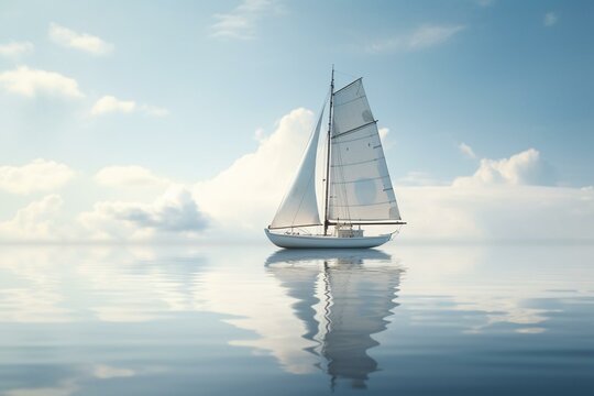 A sailboat floating on the ocean, a yacht adorned in white with a sail. Generative AI