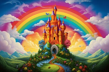 A vibrant scenery featuring a rainbow, castle, and heart, surrounded by clouds and topped with another heart in the sky. Generative AI