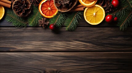 Christmas mulled red wine with spices and fruits on a wooden rustic table. Winter traditional hot drink. Top view, copy space.