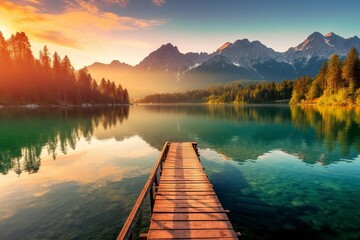 Obraz premium Impressive summer sunrise on Eibsee Lake with Zugspitze mountain range.