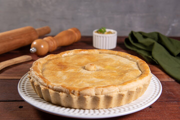 chicken pie, pie on rustic wooden table