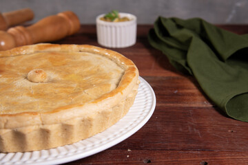 chicken pie, pie on rustic wooden table