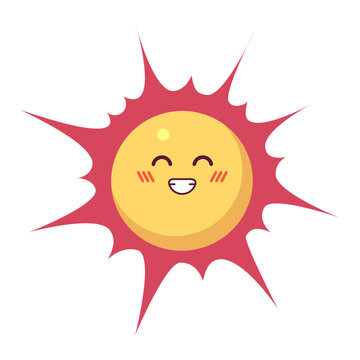 Grinning sun head 2D cartoon character. Happiness toothy smile sunshine isolated vector personage white background. Summer weather. Warmth comfort. Smiling sunny color flat spot illustration