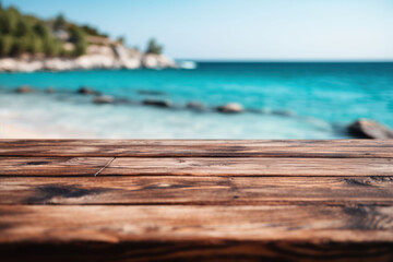 Fototapeta premium Wooden boards in the foreground close-up, empty table, against a blurred sea background, mocap for product presentation
