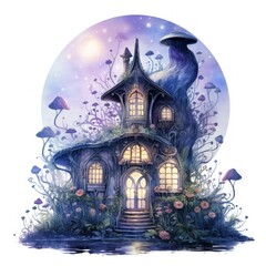 Fototapeta na wymiar Moonlight dark themed night elf fairytale fantasy fairy house.