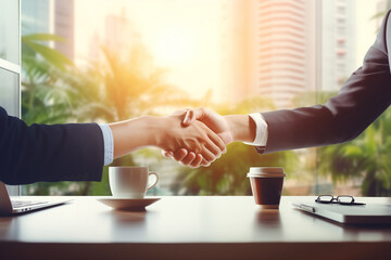 Business partnership meeting. Picture businessmen handshake. Successful businessmen handshaking after good deal. Horizontal, blurred beautiful background
