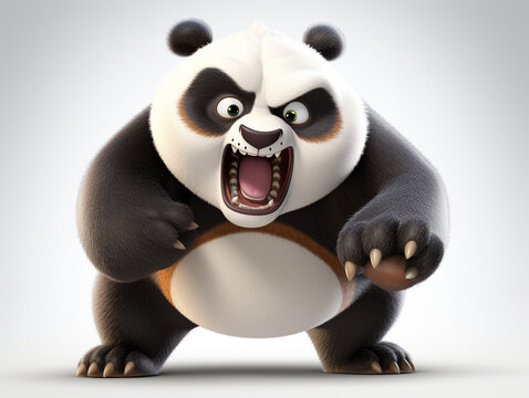 An Angry 3D Cartoon Panda on a Solid Background