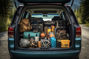 Open car trunk with suitcases and things, outdoor recreation, camping, travel concept