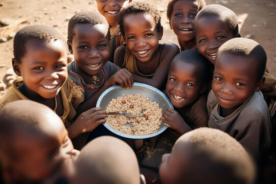 Group of African children eat meager food with their hands from a large metal plate