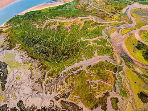 Overhead capture of colorful marsh with blue channels