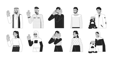 Arabian middle eastern black and white 2D line cartoon characters set. Turkish woman, saudi man isolated vector outline people. Hijab ladies. Modern muslim monochromatic flat spot illustration bundle