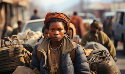 Generative AI illustration of black young woman looking at camera surrounded by a bustling street scene, symbolizing a journey or migration