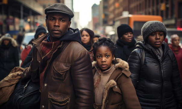 Generative AI illustration portrait of black family looking at camera surrounded surrounded by people symbolizing a journey or migration