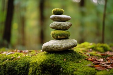 Pyramid stones balance on old mossy fallen tree.
