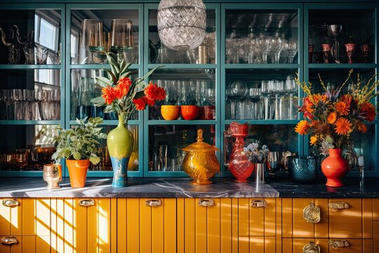 Dining room in trendy style. Modern and vintage furniture accompany each other, colorful dishes and rustic chic - maximalism is in full swing.