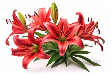 Red Lilies isolated on white background.
