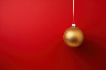 One red ball with a Christmas ornament, on a red background with copy space.