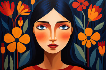 Generative AI image of woman amidst orange floral backdrop