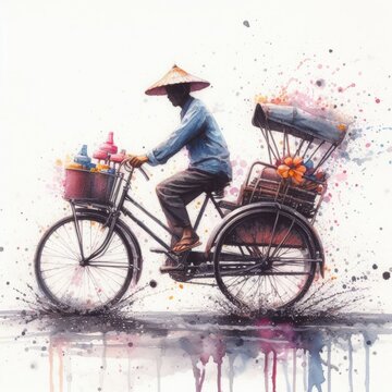 Watercolor painting "Tuk Tuk" tricycle from Thailand. Generative AI.
