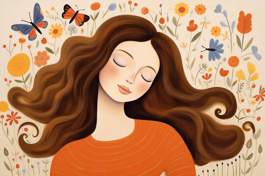 Fototapeta Generative AI image of a woman with wavy hair amidst butterflies