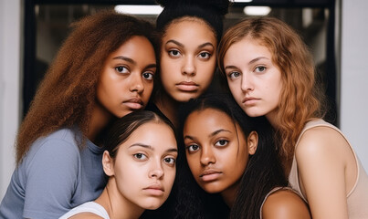 Obraz premium Multiracial Friendship: Young Women Standing Close, Looking at Camera