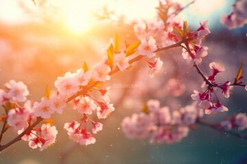 Naklejka premium Spring blossom background. Nature scene with blooming tree and sun flare.