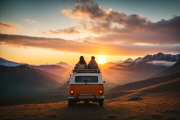 Generative AI illustration of couple sits atop a yellow van overlooking a breathtaking vista of sun kissed mountains during a golden sunset