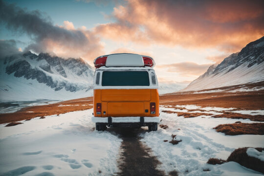 Generative AI illustration of yellow van parked on a snow covered path with majestic snow capped mountains and a fiery sky in the background