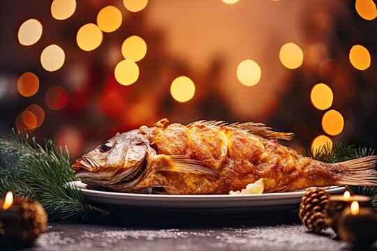 Feast of the Seven Fishes. Fried fish on a Christmas background.