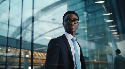 Portrait of a young African American businessman in front of a modern corporate glass building