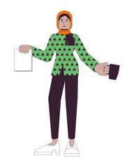 Muslim hijab woman holding documents, cup 2D linear cartoon character. Office secretary serving coffee isolated line vector person white background. Arab businesswoman color flat spot illustration