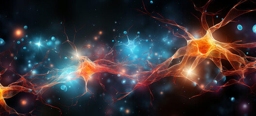 vibrant 3D Illustration of the Biochemical Process of Nerve Impulses  neurons inside human brain, brain nervous system at work . AI Generative