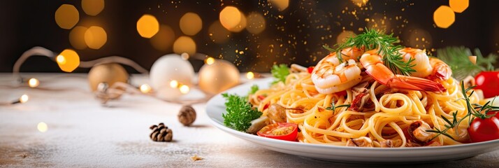 Pasta with seafood on a Christmas background. Feast of the Seven Fishes. - obrazy, fototapety, plakaty