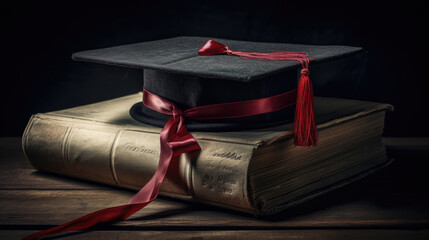 A mortarboard and graduation scroll, tied with red ribbon, on a stack of old battered book with empty space to the left. Slightly undersaturated with vignette for vintage effect.