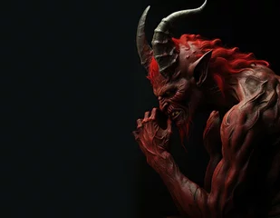 Foto op Plexiglas Long curly curvy goat horns. muscular. red skin. alien. Red devil, demon, Satan, belzebu. Black background. Sharp horns. Halloween concept. Hell, evil, bad. © ana